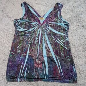ONE WORLD Purple Paisley Print Sleeveless Blouse with Aqua Accents